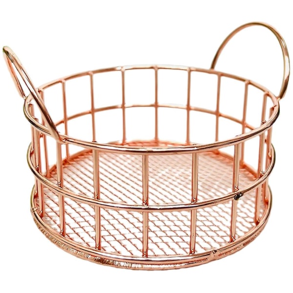 Round Storage Basket Metal Art Basket Tabletop Makeup Organizing BasketRose Gold10X10CM