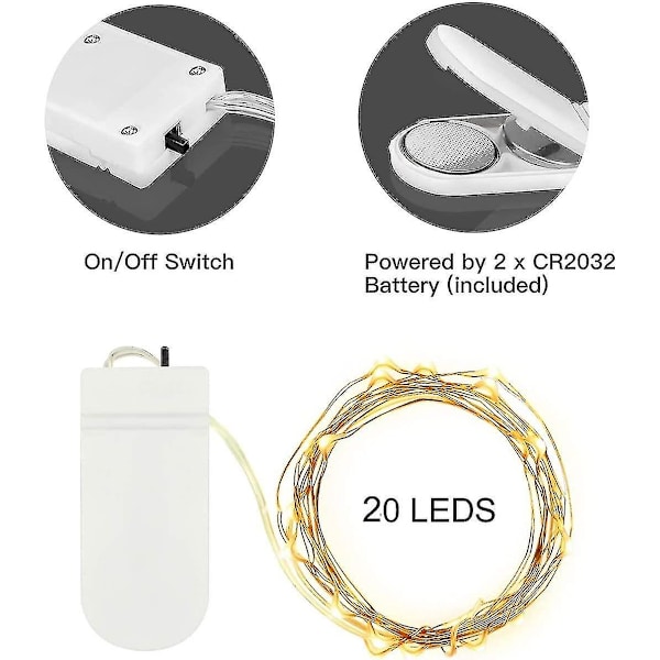 Fairy String Lights, LED-ljusslingor med batteridrift, koppartråd, vattentäta för utomhusdekoration i trädgården, 2 m, 20 LED, blinkande