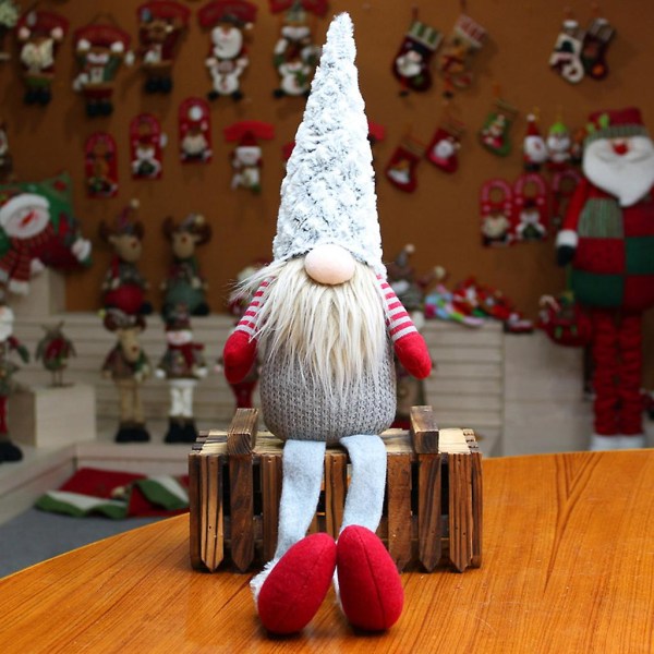 Jultomte med långa ben, svensk tomte, plyschdocka, handgjord leksak, juldekoration, grå