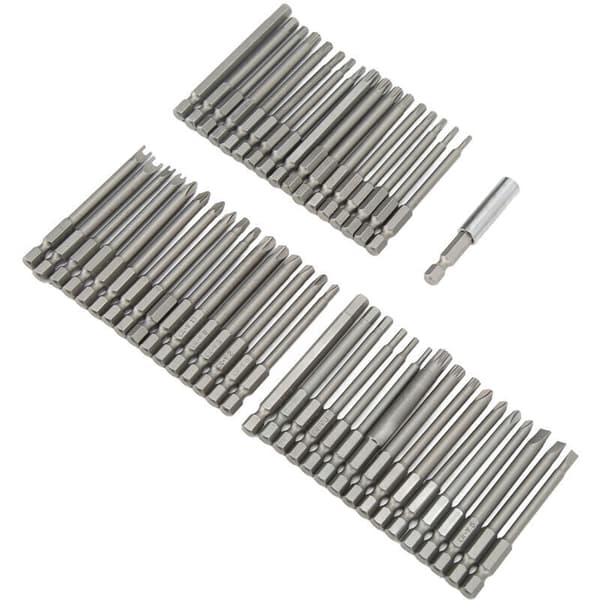 Extra Long Security Bit Set, 50 Pieces, Square and Flat, Hexagonal Groove, Clutch Torque, Multi-Size Screwdriver Bits