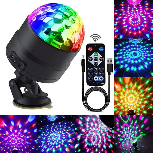 Disco Ball Party Lights - Bärbara roterande lampor | Ljudaktiverat LED-stroboskopljus | 7 färger med fjärrkontroll och USB kontakt | För bil, hem, rum, parti