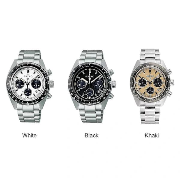 2025 Seiko watch features a stainless steel bracelet, a white dial, and a black case, making it suitable for everyday wear.