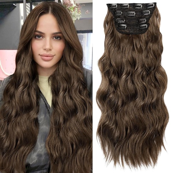 Clip in Hair Extensions 4 stk. Tykke Hårdeler Medium Brun Hårforlengelse for Kvinner Weft Naturlig Syntetisk Hårforlengelse 20 Tommer Daglig Bruk