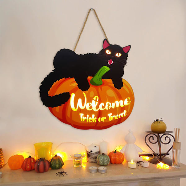 Halloween Henge-skilt med lys, Velkommen-skilt til inngangsdøren, Vegg-skilt til innendørs dekorasjon, Hjemmedekorative skilt, Halloween-festdekorasjon, Oransje