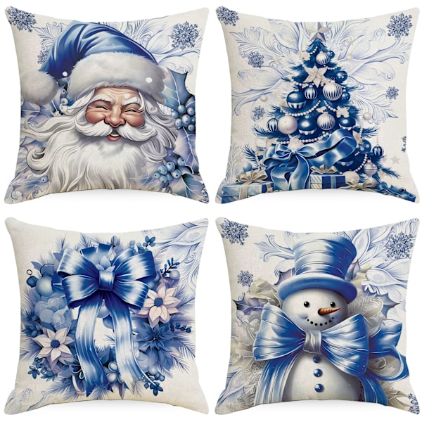 4 st Julpynt Kuddfodral 18*18 tum Cartoon Snögubbe Kuddfodral Hem Dekorativ Snöflinga Kvadratisk Kuddfodral
