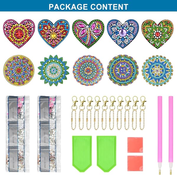 Diamantmaling Nøglering, 10 stk. Dobbeltsidet Mandala & Kærlighedshjerter