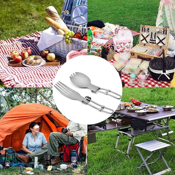 Foldbar Gaffel-Ske Spætssæt Udendørs Camping Bestik Bærbar Titanium Foldbar Spork og Ske til Picnic Vandreture Grill Udendørs Rejse (2 stk, Sølv)