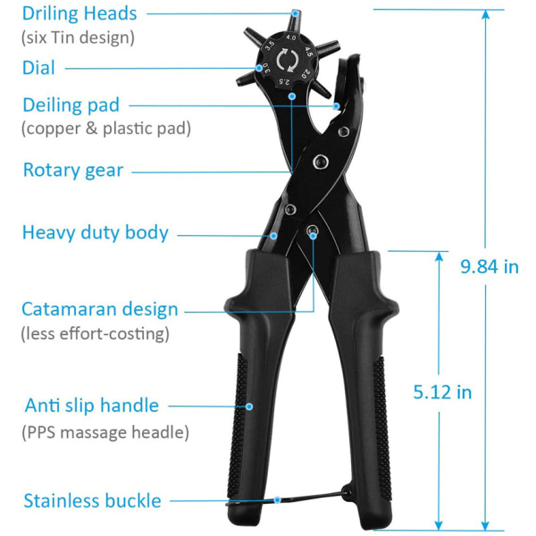 Svart 2-4,5 mm runde hull med 6 hullstørrelser, revolverende profesjonelt skinnbeltetang for kort, klokkestropper, vesker, C