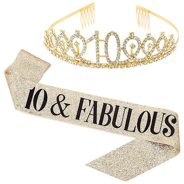 40 And Fabulous Sash Rhinestone Tiara Set - 40-årsdagspresenter Födelsedagssash För Kvinnor Födelsedagsfesttillbehör (Guldglitter Med Svart Text)10 10