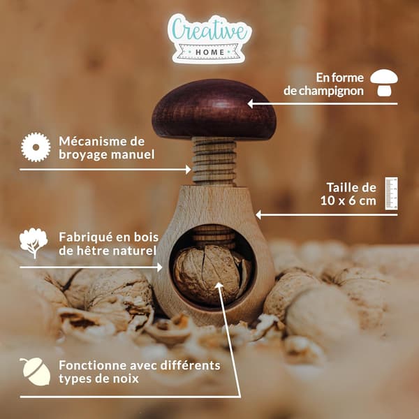 Creative Home Wooden Nutcracker | Manual Nutcracker for the Kitchen | 10 x 6 cm | Mushroom Shape | Natural Beech