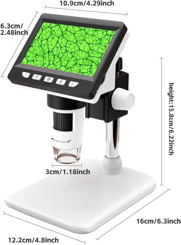 Digital Microscope for Kids/Adults, 4.3-inch Screen, 50-1000x Magnification, 8 Adjustable LED Lights.