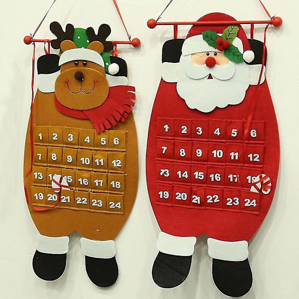Filtede Julekalender, Julemand/Snemand/Elg Kalenderhæng med Lommer, DIY Julekalender Fyld Selv Juledekoration Brun)(1 stk