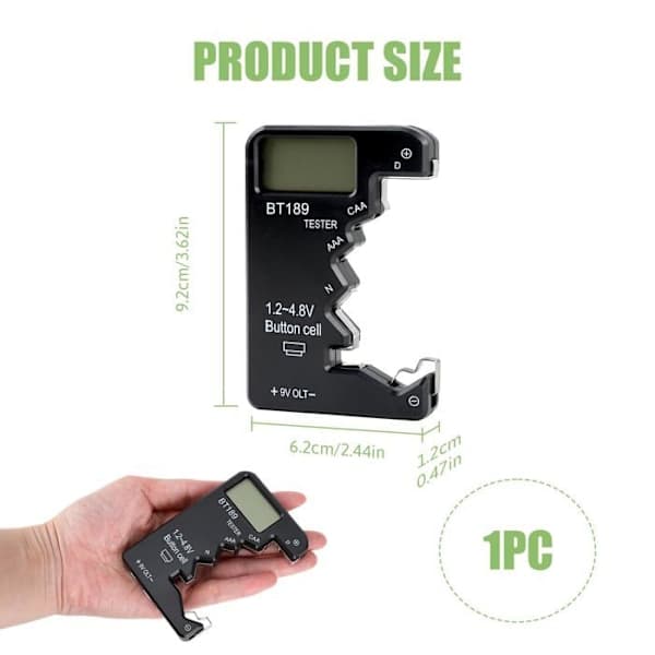 Mini Digital Battery Tester, ABS Universal Battery Tester with High-Resolution LCD Screen for Types D CAA N LR44 9V 6F22