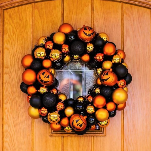 Orange og Sort Krans, Græskar Krans, Træblomster Krans, Kunstig Blomster Krans, Halloween Krans