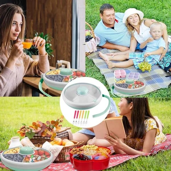 Rotating Snack Storage Box 360 Degrees BPA-Free PP Reusable Snack Container With Shoulder Strap And Fork For Travel Picnic