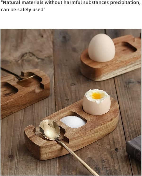 Egg Tray in Acacia Wood Egg Cup Holder Egg Shell Cup Egg Rack for Boiled Eggs Breakfast Serving (with spoon)(Ho)