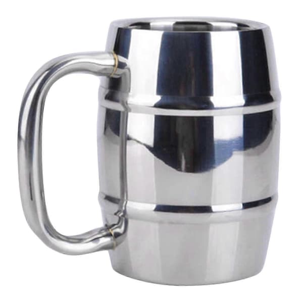 2x Double Wall Beer Mug Vodka Water Milk Tea Drinking Barrel Shaped 10oz
