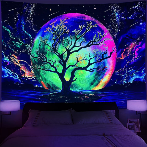 Blacklight Moon Tapestry, UV Reactive Tree Lake Färgglad Starry Night Galaxy Space Clouds Väggväv för sovrumsinredning 73×95CM