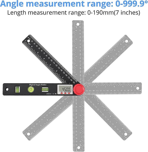 Digital Angle Gauge, 7 inch Spirit Level, Protractor, Angle Meter, Multifunctional Protractor, 3 Bubble Levels, H