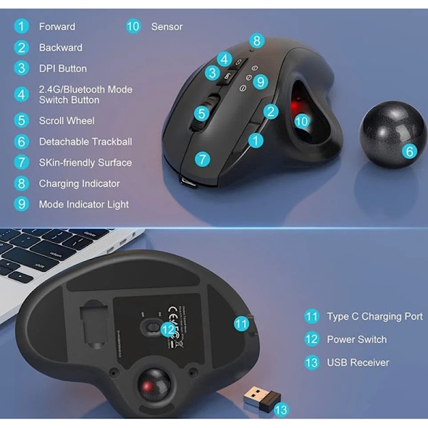 2.4G Sort Bluetooth Ergonomisk Trackball Mus, Optisk Vertikal Rollerball Mus, Lydløse Knapper, 1200/1600/2400 Justerbar DPI