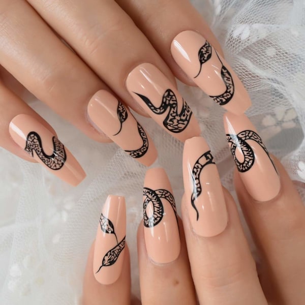 Lange Kisteformede Fingernegle Sort Slange Snoet Omkring Falske Negle Mode Design Nude Ferskenfarvet Forlængelse Ballet Nep Nagels