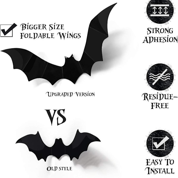 Fladdermusväggdekor, 60 st 3D-fladdermus Halloween-dekorationsstickers i 4 storlekar, vattentäta svarta spökfladdermöss för rumsdekor