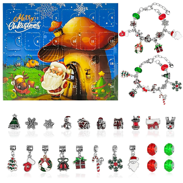 Julekalender Armbånd, 24 Dages Jule Nedtællingskalender med 2 stk. DIY Charm Armbåndssæt, Gaver til Piger Teenagere