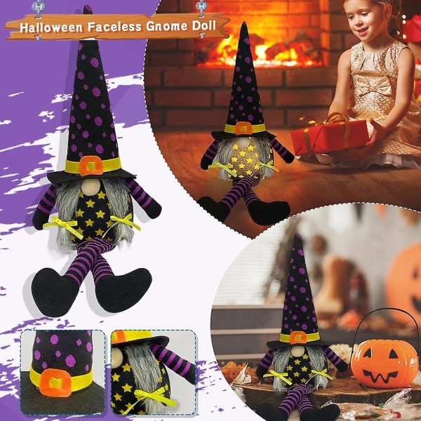 Halloween Gnome med LED Lys Lange Ben Håndlavet Plys Svensk Gnome Siddende Tomte Nordic StatueLilla