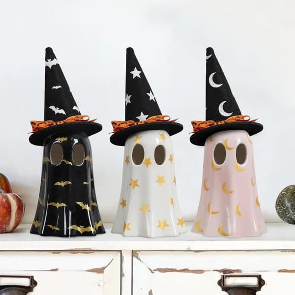Halloween Decoration 3-Pack – Ceramic Ghosts with Witch Hats, Cute Spooky Figurines for Shelf, Table & Mantel