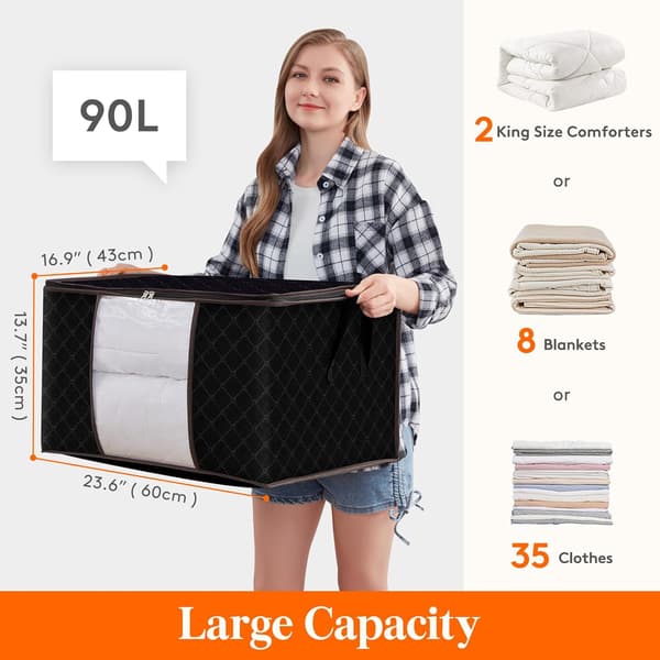 Large Storage Bag for Clothes with Reinforced Handle Thick Fabric for Quilts, Blankets, Bedding, 3-Pack, 90L, Black