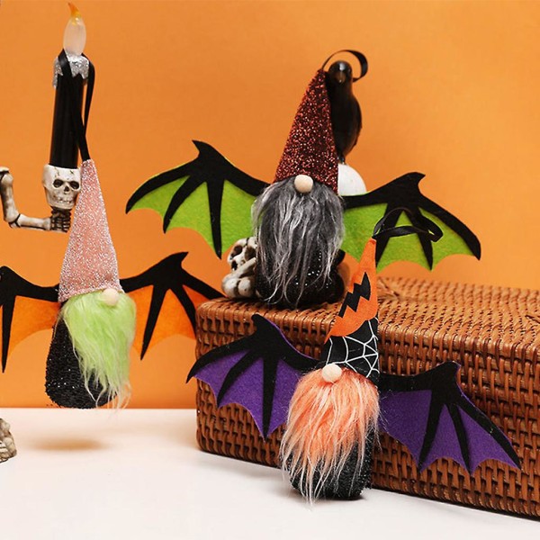Halloween Ansiktslös Tomte med Batvingar Plyschdocka Hängande Svensk Plysch Elf Tomte Leksaker Heminredning Lila vingar