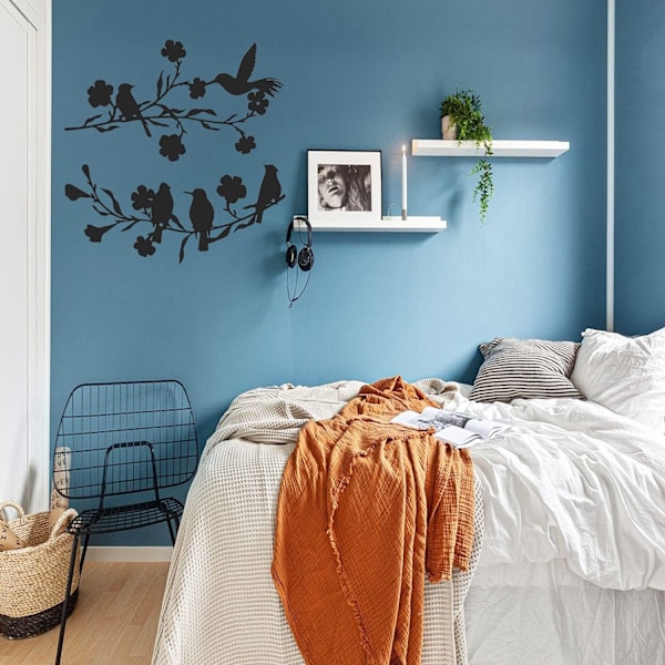2 stycken metallfåglar väggkonst dekoration på gren metallfågel silhuett väggskulptur svarta blad blommor väggdekoration och