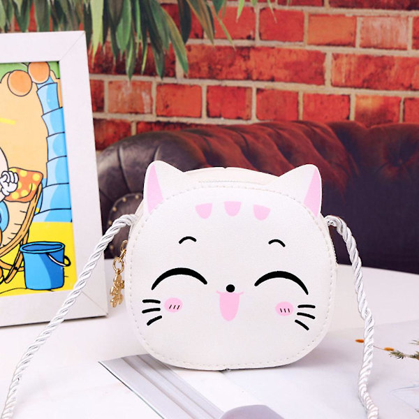 Barnflickor Katt Crossbody Väska PU Läder Cartoon Axelväska Tote Myntplånbok Satchel Vit