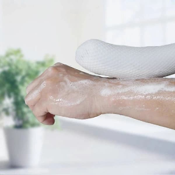 Curved Long Handle Mesh Bag Sponge Scrubber Back Shower Brush