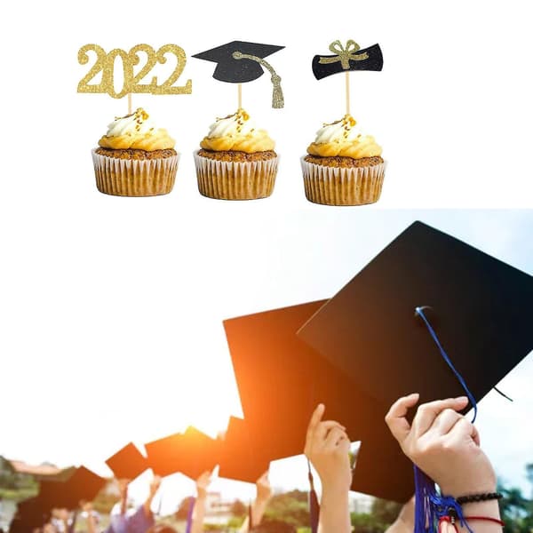 20 stk eksamenscupcake-topper 2022 kakeflagg mat forrett plukker dekorasjon (eksamenshatt)