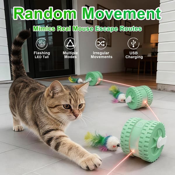 Red Dot Cat Indicator Toy - Rechargeable Electric Rolling Cat Toy, Automatic Start/Stop, Includes Various Tail Accessories