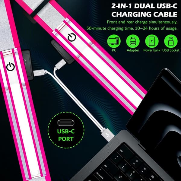 LED Reflective Shoulder Strap, USB Rechargeable, 3 Light Modes, Adjustable 130-154 cm, For Night Running, Walking And Cycling, Pink