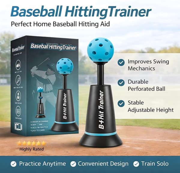 Adjustable Height Ball Pitcher Baseball Trainer, Durable Nylon Training Aid, No Pitcher Needed for Perfect Swings, 1 Practice Ball Included