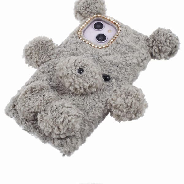 For iPhone 15 3D Bear Furry Plush Case Protective TPU Phone Cover