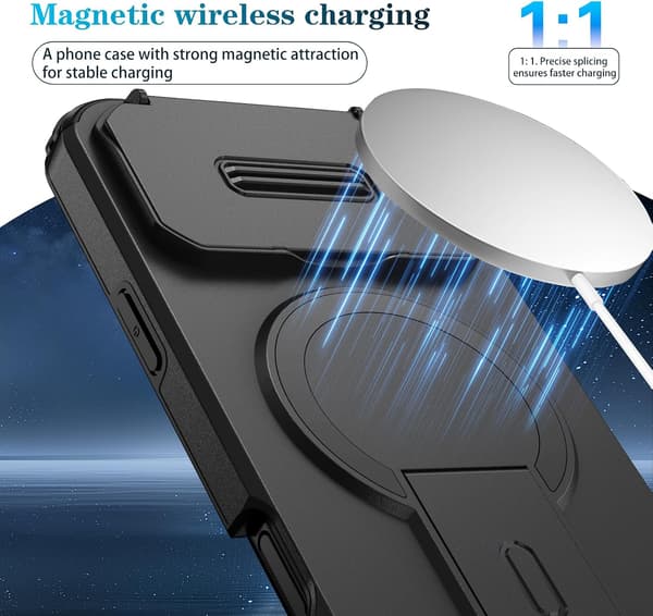 Compatible with iPhone 17, Built-in Phone Stand, Sliding Camera Cover, Magnetic Drop-Proof Phone Case, Black