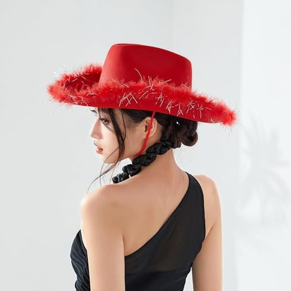 Hat til kvinder Mænd Fluffy Fur Trim Filt Cowgirl Hat Voksne Ekstra stor fjerhat Western Party Accessories