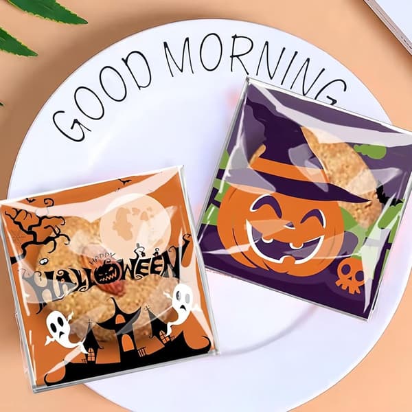 Halloween Godispåsar, 300-pack Självförslutande Polypropylen Godispåsar, 4 Designer för Barns Halloweenfester, 10 x 10 x 3 cm