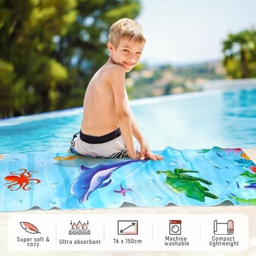 Badehåndklæde til børn – Ocean badehåndklæde 70 x 150 cm blød polyester absorberende badehåndklæde sport pool badehåndklæde til drenge piger