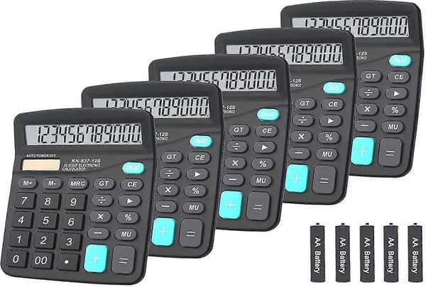 Calculator, 12-Digit Dual Power Handheld Desktop Calculator with Large LCD Display, Large Sensitive Buttons (Black, 5-Pack)