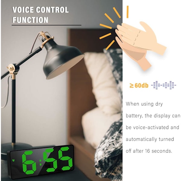 6,7\" LED Digital Spegelklocka Väckarklocka för Sängbord Morgon, Röstaktiverad/Icke Tickande/Snooze/Temperatur/Datum Tid Justerbar Ljusstyrka, Grön