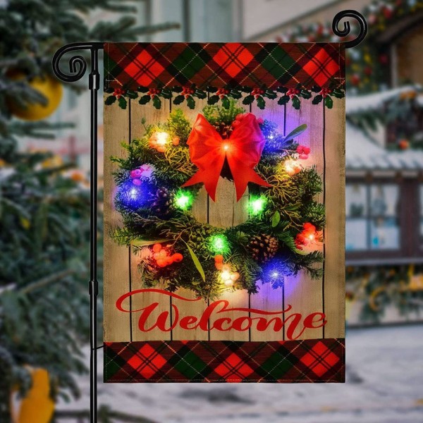 Julevelkomstkrans Haveflag med Lys - Solcelledrevet LED Burlap Velkomstskilt Lille Haveflag Banner 12x18 Dobbeltsidet