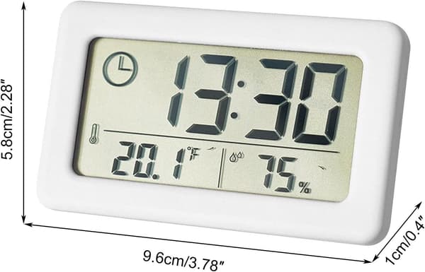Electronic Thermometer Hygrometer, Small Clock with Temperature and Humidity Display (℃/℉), 12/24 Hour Time Switch, Slim Battery