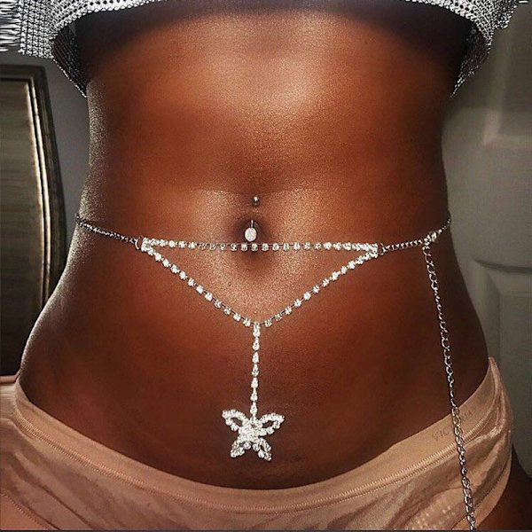 Lagdelt Geometrisk Sommerfugl Kroppskjede Rhinestone Magekjede Belte Sommer Strand Bikini Midje Kropp Justerbar Smykker for Kvinner Jenter (Sølv)