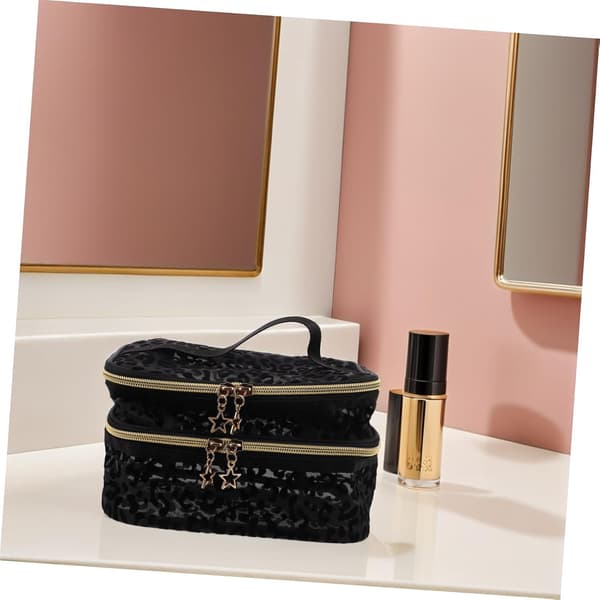 Compact Flocked Cosmetic Bag Portable Small Travel Toiletry Bag Storage Bag Double Layer