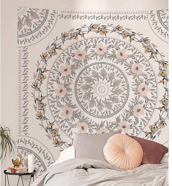 Luonnosteltu kukkamedaljonki seinävaate, boheemi mandala-seinävaate